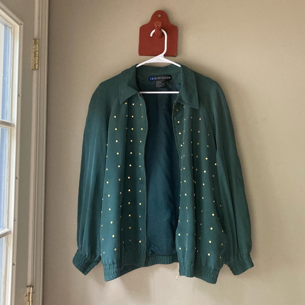 Vintage 90's I. B Diffusion Green 100% Silk Metal Polka Dot Jacket 12